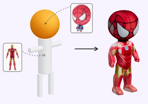 Iron Man body and Spider-Man head reference images condition a generated 3D figurine